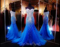 Royal Blue Mermaid Prom Dress 2020 Luxo Querida Sparkly Cristal Beading Varrer Train Tulle Vestidos Custom Made Trem da varredura