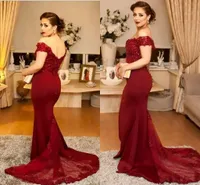 Formal Dark Red Mermaid Evening Celebrity Gowns 2018 Beaded Lace off the Shoulder Prom Party Dresses Custom Made Tulle Train