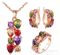 Envío gratis joyería nupcial de tres piezas colorido brillante circón collar de aretes antialérgico anillo conjunto de joyería barata para las mujeres