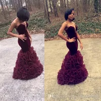 2016 Burgundia Mermaid Prom Dresses Sweetheart Black Girl Ruffles Wielopięciowy Sexy Backless Piętro Długość Wiele Suknie Celebrity Custom Made