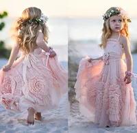 Pembe Halter Küçük Kızlar Parti Elbiseler 2016 Şifon Ruffles Çiçek Kız Elbise Ile Plaj Düğün Için Kat Uzunluk Pageant Törenlerinde çiçekler
