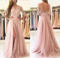 Blush Pink Front Split Avondjurken Bescheiden Half Mouwen Kant Applicaties Tule Long Prom Dress 2018 Custom Made