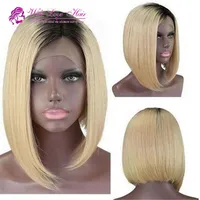 Best and Cheap Short Wavy Blonde Ombre Lace Wig Bob Style Glueless Peruvian Human Hair Lace Front Wigs Ombre Color 1b 613