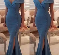 2020 어두운 파란색 Mermiad Long Prom Dresses 섹시한 V 넥 버튼 하이 사이드 스플릿 정장 파티 가운 저렴한 새로운 robe de soiree
