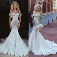Stylish Lace Mermaid Wedding Gown Sexy Off Shoulder Sleeveless Applique Lace-Up Open Back Wedding Dress Custom Made Sweep Train Bridal Dress