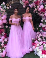 Vestidos de dama de honor largo rosa elegante apliques de encaje de hombro Dama de honor vestidos de fiesta Tulle A LINE LONGITUD Vestido de invitado de boda 2017