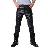 Wholesale-2016 Hip Hop Mens Leather Pants Faux Leather Pu Material 3 Colors Motorcycle Skinny Faux Leather Outdoor Pants