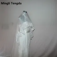 Mingli Tengda véu de noivos Novo Veu de Noiva uma camada 3 m Long Nupcial Véus Catedral Lace Edge Bidal Veil Velos de Novia 2018 Alta Qualidade