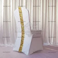 Spandex Chair Cover - White Lycra Krzesło pokrywa z złotym metalowym plisą z tyłu 100 sztuk Darmowa wysyłka do użytku zdarzeń ślubnych