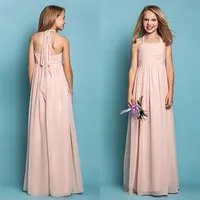 Cheap High Quality Chiffon Junior Bridesmaid Dresses Blush Pink Halter Flower Girl Gowns Wedding Party Guests Long Formal Dresses