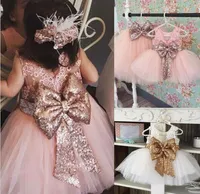 Nouvelle arrivée rose Sequin Flower Girl Dress avec grand arc Tulle robes de fille de fleur pour le mariage