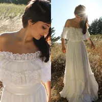 Vintage Country Style Bohemian Wedding Dress Off The Shoulder Lace Trim Chiffon Beach Garden Boho Brudklänningar Full längd