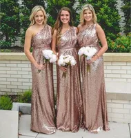 2021 Rose Gold Sequins Bridesmaid Dresses Bling för bröllop One Shoulder En Linje Lång Golvlängd Plus Storlek Formell Maid of Honor Gowns