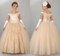 2020 Champagne Flower Girl Dress Lace apliques Lace-Up vestido de baile crianças beleza Pageant Vestidos Vestido Longo frete grátis