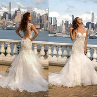 2016 Sparkly Sereia Vestidos de Casamento Sexy Bling Frisado Lace Applique Querida Pescoço Elegante Ilusão de Marfim Voltar Camadas Em Tule Vestidos de Noiva