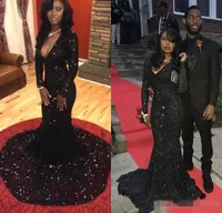 2019 Long Sleeve Black Girl Mermaid Prom Dresses Bling Sequins Plunging V Neck Court Train African Sexy Formal Evening Gowns Women