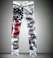 Diseño impreso jeans para hombres de la bandera americana Estrellas Pantalones rectos Pantalones Slim Fit Stretch