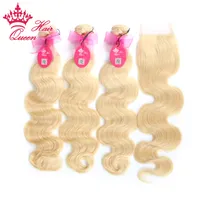 Queen Hair Products 4PCS / Lot Brasilianska Virgin Hair Body Wave 5A Grade Human Hair Lace Closure With Bundles, Bleached # 613 Blondin