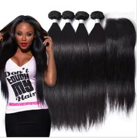 Brazilian Straight Human Hair Weaves Extensions 3 Bundles with Closure Free Middle 3 Part Double Weft Dyeable Bleachable 100g/pc