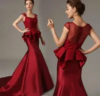 2019 New Square Red Satin Mermaid Forma Abendkleider Ribbon Rüschen Tiers Peplum Lace Braut Prom Kleider Dubai Arabisch Gossip Girl