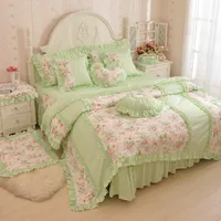 florales de color verde estampado de flores sistemas del lecho 4pcs funda nórdica tamaño sábana funda de almohada reina del rey de las niñas ropa de cama de la casa de color rosa el envío libre