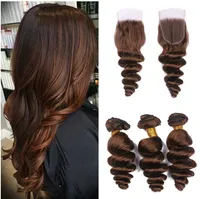 Loose Wave Malaysian Virgin Hair Color # 4 Medium Brown Human Hair Weaves 3 Bundes With Lace Top Closure Chestnut Brown Hace Extensions