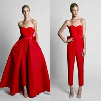 Silk Satin Bow Back Jumpsuit Evening Dresses With Overskirts Sweetheart Strapless Custom Made Prom Dress Waistband Weddings Guest 4218148