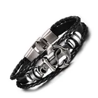 2016 New Genuine Leather Strips String Weave Alliage Vintage Bracelet Bateau Ancre Boucle Charme Bracelet Hommes Bijoux À La Mode Bijoux Noir 21 cm