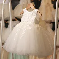 Högkvalitativ vit första kommunion klänningar för tjej tulle spets spädbarn toddler pageant blomma flicka klänning för bröllop och födelsedag
