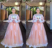 Blush Koronki Arabski Kwiat Girl Dresses 2017 Długie Rękawy Vintage Dresses Dziewczyny Korowody Suknie na ślub Dziecięce Formalne zużycie