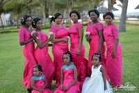 Hot Pink Nigerian Arabic Style Mermaid Bridesmaid Dresses Sheer Neck Kortärmad Snörning Plus Storlek 2016 Billiga Bröllop Gästfestklänningar