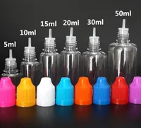 Rensa droppflaskor 3ml 5ml 10ml 20 ml 30 ml 50 ml Pet Tomma flaskor med barnsäker keps och lång tunt spets för E-vätska