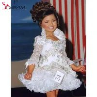 Echte kleine meisje jurken 3/4 mouwen kralen kristal strass ruches korte bloem meisje jurk 2019 witte glitz pageant jurk