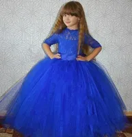 2016 heißer Verkauf Pageant Kleider für Teenager Schöne Sheer Spitze Jewel Hals Halbhülse Königliche blaue Prinzessin Mädchen Formelles Kleid Abnehmbares Kugelkleid
