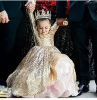 2017 Ball Gown Girls Pageant Dresses with Crew Neckline Long sleeve Floor Length Bling Gold Glitter Glued Lace Kids Birthday Party Dresses