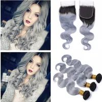 Dark Root 1b / Grey Ombre Brasilianska Human Hair Weaves With Top Closure Body Wave Silver Grey Ombre 3bundles med 4x4 Front Lace Closure
