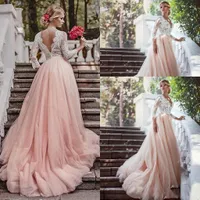 Blush cor-de-rosa lace sexy país 2019 uma linha vestidos de noiva v-pescoço de manga longa backless completa apliques império tule varrer vestidos de casamento
