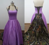 2018 Cuadro real Vestidos de novia de camuflaje púrpura a medida Un tren de barrido de línea Halter espalda Corset Tallas grandes Vestidos de novia Vestidos de Novia