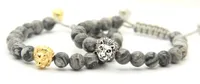 2016 nuovo design mens braccialetti all'ingrosso 8mm grigio immagine jasper pietra perline oro e argento macramme testa leone braccialetti