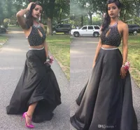 Sexy Black Halter Two Piece Prom Dresses 2018 New Fashion Beaded Formal A-Line Evening Party Gowns