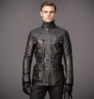 Las últimas chaquetas de cuero de los hombres chaquetas de cuero del ejército parte superior del muslo con un cinturón para ajustar su forma del cuerpo chaquetas de invierno cálido primera opción