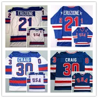 Man Retro 1980 USA Ice Hockey Jerseys 17 Jack Ocallahan 21 Mike Eruzione 30 Jim Craig Stikte Blauw Wit Alternatieve Size S-3XL