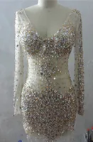 Długie rękawy V Neck Zroszony Crystal Prom Sukienka Krótki 2019 Sexy Sheer Powrót Prom Suknie Prawdziwe zdjęcie