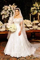 2019 Långärmad vit bröllopsklänningar Unik prinsessa spets av axel A Line Bridal Party Gowns Vestidos de Noiva