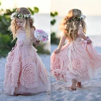 Cheap Pink Flower Girl Dresses Spaghetti Ruffles Hand made Flowers Lace Tutu 2019 Vintage Little Baby Gowns for Communion Boho Wedding