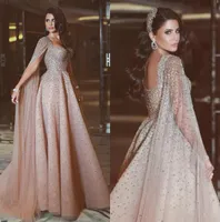 Vestidos de noche árabes elegantes Rhinestone Champagne Formal Dress Evening Wear con el vestido largo del partido de la longitud del piso del cabo