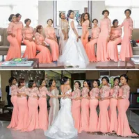 Goedkope elegante koraal lange bruidsmeisje jurk met mouwen plus size kant feestjurk Mooie bruidsjeden jurken