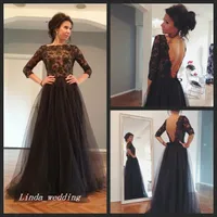Gratis frakt Classic With Sleeve Prom Dress Ny Black Backless Long Tulle Formell Queen Party Gown
