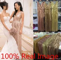 2020 Sexy V Neckrosa Guld Sequins Bridesmaid Dress Plus Storlek Baklösa Real Image Maid of The Honor Wedding Party Gowns