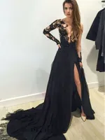Prom Dresses Long 2019 Sexy See Through Long Sleeve Prom Dress Applicaties Lace High Side Slit Black Chiffon Avondjurk